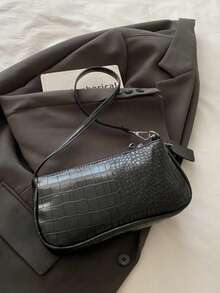 Crocodile Embossed Women's Handbag, Korean Style Women's Underarm Handbag, New Fashion Shoulder Bag, Minimalist Crescent Commuter Bag - Black - View 5