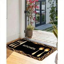 KITCHEN Gold Utensil Pattern Black Decorative Kitchen Runner Rug, Non-Slip Washable Long Floor Mat For Kitchen Counter, Dining Room, Entryway - Gold Trimmed Ornate Design, Super Soft & Durable C
