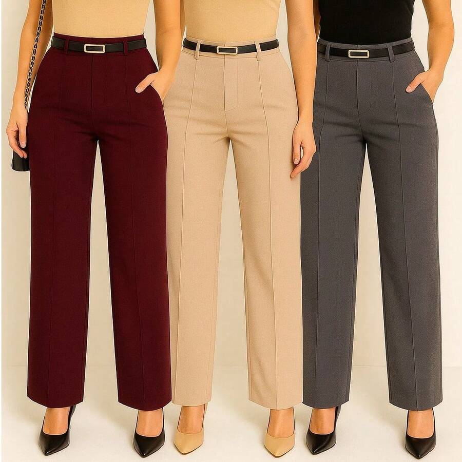Kit 3 Tailored Pantaloon Trousers With Belt - 酒紅色 / 米色 / 灰色 - 查看 1