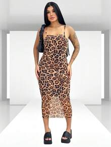 Midi Dress Tulle Fabric With Opening On The Back Leopard Print Fashion New Leopard Print Knot Backless Side Opening Beach Holiday - 盎司 - 查看 1
