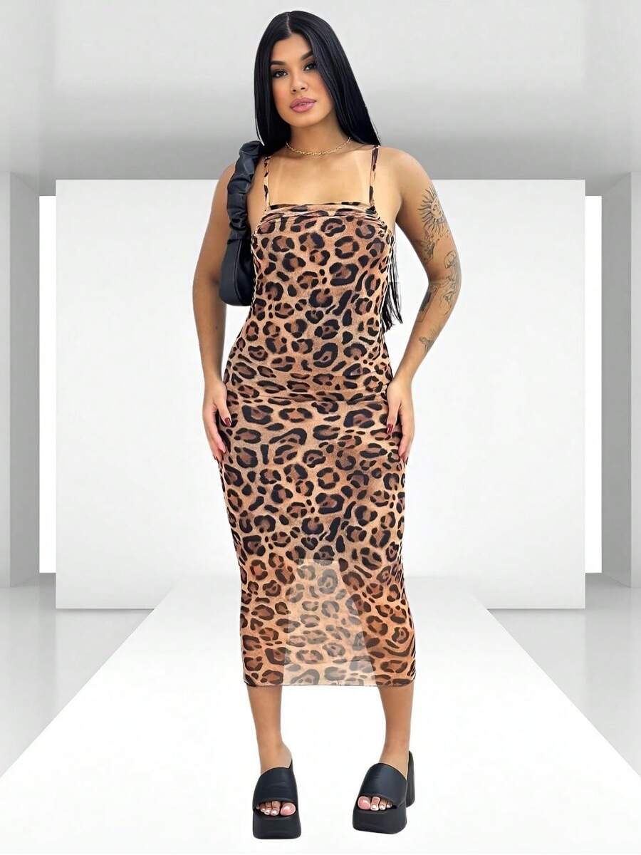 Midi Dress Tulle Fabric With Opening On The Back Leopard Print Fashion New Leopard Print Knot Backless Side Opening Beach Holiday - 盎司 - 查看 1