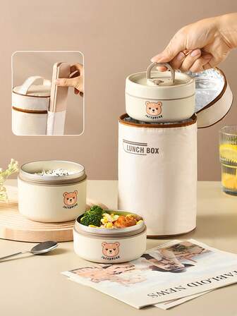 1/3/4/5 st söt björn termisk bento lunchbox set, bärbar isolerad lunchbehållare för vuxna elever skolarbete, 304 rostfritt stål varmhållningsbehållare med påse, diskmaskin och mikrovågsugn (aprikos 34oz/48oz/68oz)