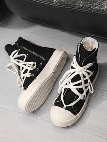 1双情侣鞋，男士2025新款春季厚底复古高帮帆布鞋，侧拉链 - 黑色 - 查看 4