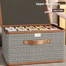 1pc Chic Houndstooth Fabric Storage Box With Faux Leather Handles - Portable Odor-Free Oxford Cloth Organizer With Hook-And-Loop Fastener Closure And Lid For Clothes And Linens, Closet Storage Solution For Dorm And Home, Space-Saving Lightweight Organizer, Durable Craft Pattern, Easy Stackable Design, Travel-Friendly, Fashion-Driven Home Organization, Premium Fabric Box For Garments And Linens - Multicolor - View 7