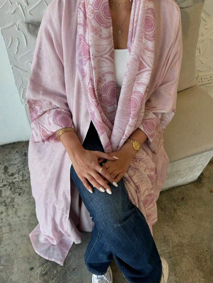 Women's Elegant Fashionable Cashew Floral Print Long Robe Dress, Charming Middle Eastern Arabic Style Abaya Robe (Headscarf Not Included) Pink Spring - Pink - View 1