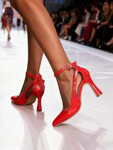 Sexy T-Strap Pointed Toe High Heel Sandals, Women's Summer New Slim Heel Hollow Out Sandals - Red - View 8