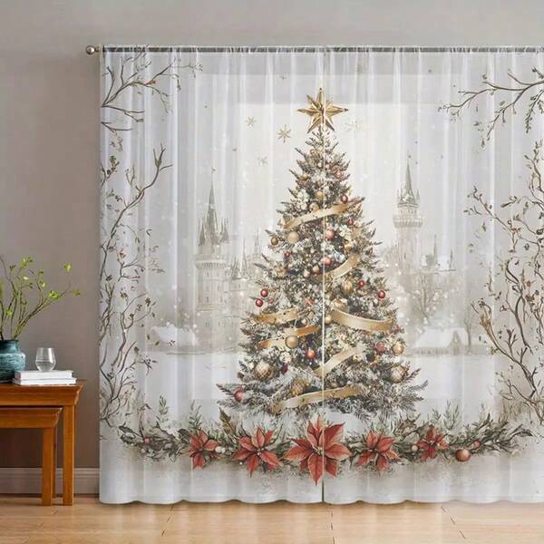 2 piezas de cortinas decorativas del hogar con escena impresa de árbol de Navidad, translúcidas, adecuadas para cocina, cafetería, restaurante, balcón, jardín, dormitorio