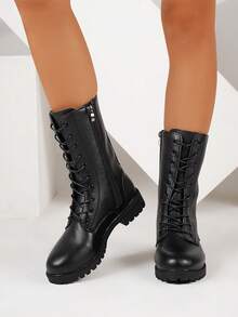 女士时尚百搭系带中筒/踝靴/短靴/摩托车踝靴，高鞋面防滑靴，休闲舒适侧拉链户外靴，骑行户外黑色靴，秋冬靴，户外靴，过膝靴 - 黑色 - 查看 3