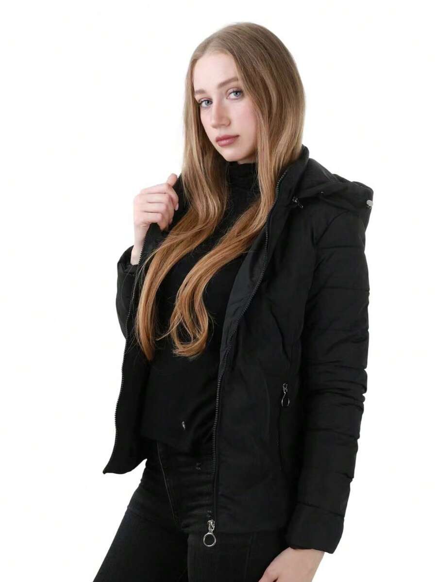 Leichte Steppjacke für Damen, einfarbig, mit Tasche, Kordelzug und Reißverschluss - Schwarz - Übersicht 1