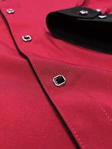 男士纯色前开襟商务长袖正装衬衫 - 酒紅色 - 查看 5