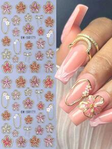 2 PCS Pink Flower Petal 3D Nail Stickers Elegant Flower Gold Edge Line Geometry Designs Nail Art Decals For Acrylic Nails DIY Spring Self-Adhesive Manicure Decoration Supplies - Multicolor 2 - 查看 4