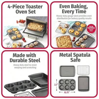 Juego de 4 piezas de horno tostador de acero antiadherente con sartn, estante, sartn para tartas y sartn para magdalenas, gris, juego de 4 piezas distribuye el calor uniformemente,