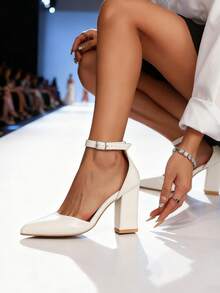 2025新款女士白色高跟凉鞋，粗跟，婚鞋，绑带，经典大码鞋，春夏款 - 白色 - 查看 4