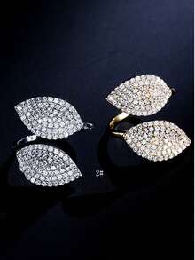 1 pieza Anillo abierto elegante y elegante con flor y hoja incrustadas de cobre y circonita cúbica, adecuado para fiestas, uso diario y como regalo - Estilo de flores y hojas - Ver 2