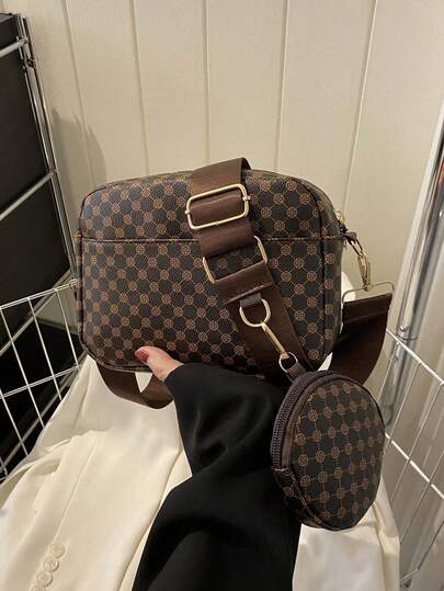 Sac carré à motif vintage, sac bandoulière classique pour femme avec pendentif