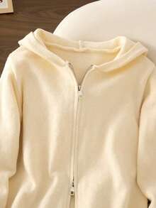 Áo khoác cardigan dệt kim ngắn rộng rãi có khóa kéo, có mũ trùm đầu cho nữ, Thu/Đông - Màu be - Xem 3