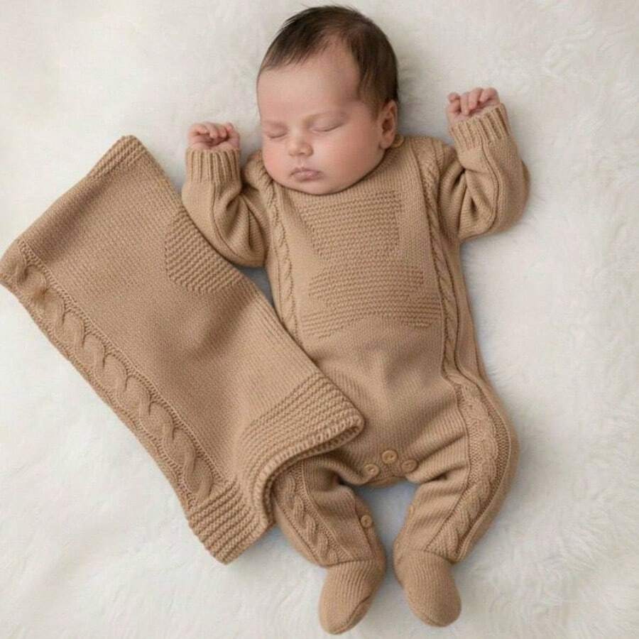 3-Piece Unisex Maternity Outfit Kit: Fluffy Jumper With Romper, Blanket And Hat - 榛果米色 - 查看 1