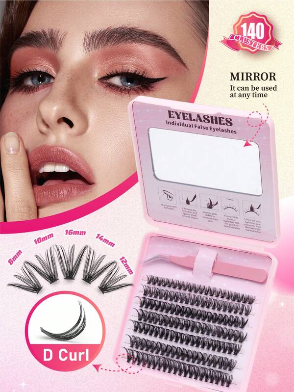 New Fashion Lash Clusters Kit 140Pcs Cluster Eyelash Extensions 8-16mm Lash Extension Kit D Curl Eyelash Cluster Eyelash Extensions Waterproof DIY Individual Lashes Clusters With Tweezrers