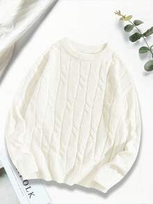 1件青少年女孩休闲纯色扭绳设计户外圣诞氛围套头衫保暖加厚针织毛衣，秋冬季 - 白色 - 查看 6