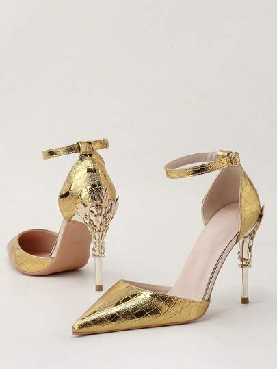 Fashionable Metallic Floral Stiletto High Heel Pointed Toe One-Strap Sandals, Sexy & Luxurious Women Dress Shoes