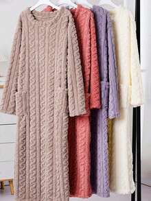 1PC Coral Thermal Robe Bathrobe New Winter Plus Size Pajamas Warm Homewear Thermal Lined Long Sleeve Crew Neck Bathrobe Fall/Winter Women's Casual Dress - Multicolor - View 6