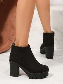 Thick Heel, Round Toe, High Heel, Waterproof Platform, Side Zipper, Elastic Band, Fashionable Women's Winter Boots - Black - View 7