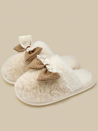 女士蝴蝶结厚底防滑保暖拖鞋，适合冬季居家、休闲、百搭穿着