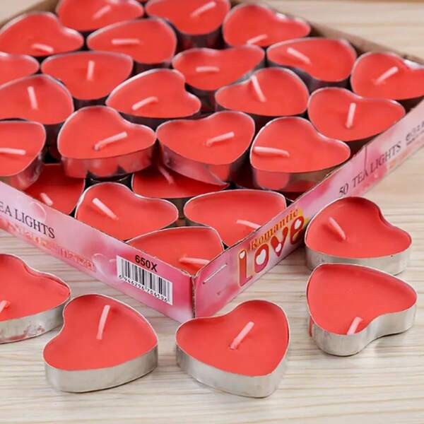 50pcs Heart-Shaped Candles And Candles With Glitter Powder, Suitable For Romantic Celebrations. Made Of Paraffin Material. Suitable For Decoration At Weddings, Valentine's Day, Christmas Parties And Family Dinners.