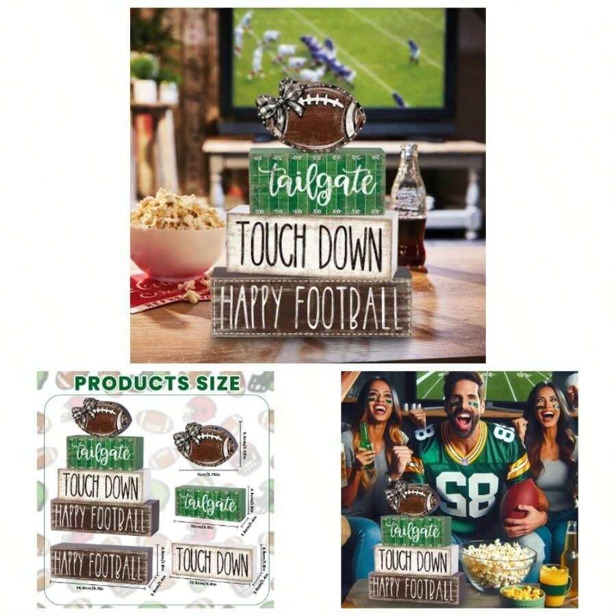 4pcs Fall Table Decor Fall Wood Block Signs Pumpkin Sign Autumn Tiered Tray Decor Thanksgiving Centerpieces Signs Holiday Tabletop Coffee Fireplace Shelf Desk Party Decoration - Football - View 1