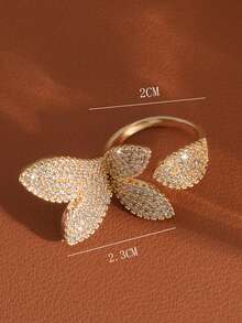 1 pieza Anillo abierto elegante y elegante con flor y hoja incrustadas de cobre y circonita cúbica, adecuado para fiestas, uso diario y como regalo - Estilo de flores y hojas - Ver 6