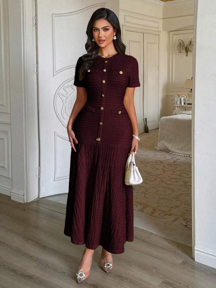 Unadoll Women's Spring Round Neck Short Sleeve Faux Pocket Button Decor Fabric Elegant Blouse, Suitable For Dates, Outings, Birthdays, Parties, Travels, Valentine's Day And Other Occasions - Burgundy - View 7