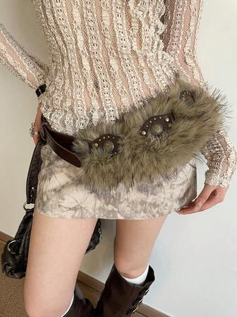 1個 レディース コーヒー色 レトロ 個性的 ウサギ ファー PU レザー あたたかい ニッチウエストベルト 秋、オータム、ハロウィン