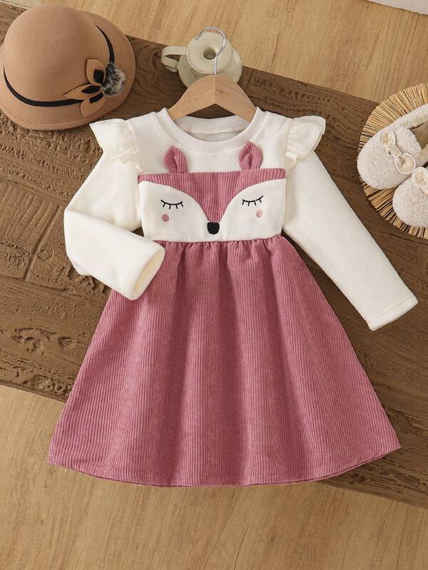 Vestido de pana con parches, de manga larga, con bordado de zorro lindo y ribete de volantes para niñas pequeñas