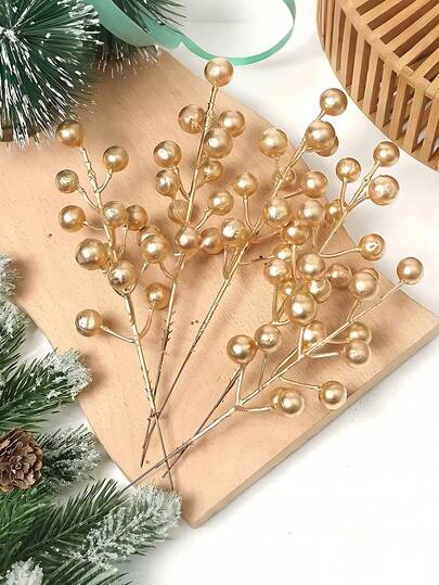 20PCS Gold Artificial Glitter Berry Flowers Stem Branches Ornaments,Hristmas Picks And Sprays,Christmas Tree Ornaments Set For DIY Crafts Wreath Home Decoration,Christmas Floral Picks Branches For Christmas Tree Wreath Wedding Bouquet Winter Seasonal Holiday Decoration