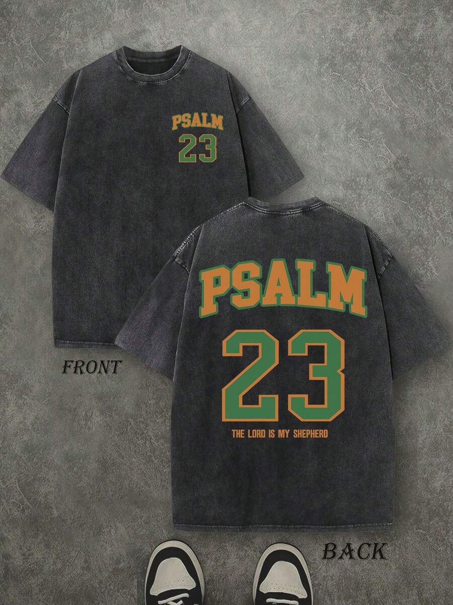 PSALM 23 Unisex Washed Christian Shirt, 'THE LORD IS MY SHEPHERD' Christian Scripture T-Shirt, Vintage Retro Washed Shirt Double Sided Printed (230 Heavyweight Pure Cotton T-Shirt)  High Quality Christian T-Shirt, Christian Gifts, Men's And Women's Shirts, Comfortable, Fashion Christian Shirt, Street Style Pure Cotton Fall Shirt - 黑色 - 查看 1