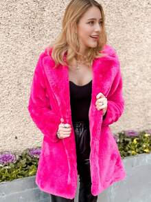 FHILLINUO Casaco de Faux Fur Rosa Brilhante Feminino, Manga Longa com Gola Lapela, Comprimento na Coxa, com Bolsos, Tecido Não Elástico, Quente para o Inverno, Adequado para Natal, Ano Novo e Outras Ocasiões - Pink - Visão 5