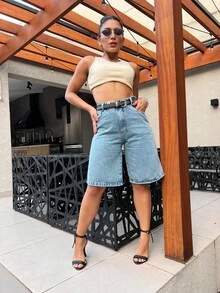 Bermuda Jean Shorts High Waist Without Lycra Knee Length Simple Casual High Waist Street Fashion Premium Cotton Fabric - Rửa trung bình - Xem 2