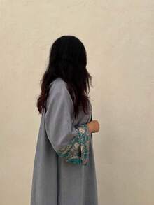优雅复古女士长袍，佩斯利花纹袖口纯色长袍，宽松休闲阿拉伯长袍开衫，适合日常穿着（不含头巾）春季 - 淺藍色 - 查看 3