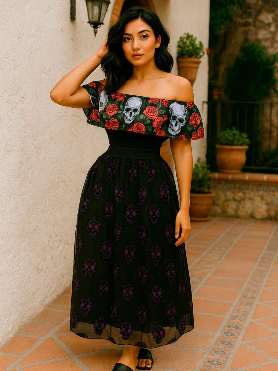 set 2pz Xantolo maxi falda y blusa con estampado - Rojo y negro - Ver 1