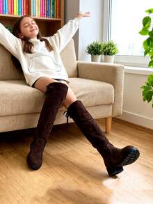 1 Pair Kids Tween Girls Bowknot Faux Suede Anti - Slip Round - Toe Over - The - Knee Boots With Side - Zipper, Low Block Heel, Casual Stylish (Size 26 - 36) For Daily, Parties, Christmas - 棕色 - 查看 2