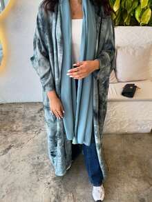 1pc Women's Fashion Asymmetrical Tie-Dye Print Abaya Robe, Loose Casual Arabic Style Abaya Robe, Suitable For Daily Life (Headscarf Not Included) - Blue - View 5