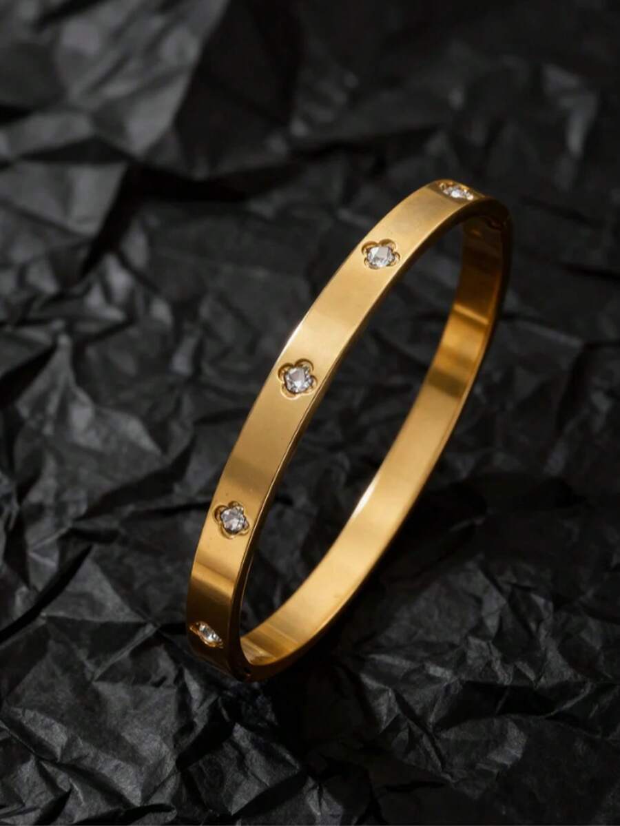 1pc Stainless Steel Cubic Zirconia Bangle Bracelet For Men, 18k Gold Plated, Oval Shaped, Non-Fading Jewelry, Youth Gift