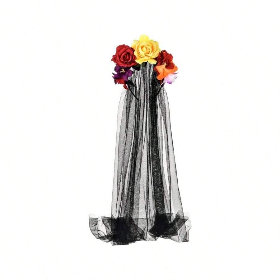 Women's Dia De Los Muertos Flower Costume Headpiece Halloween Day Of Dead Costume Headband - 紅色,黃色,橘色,黑色面紗 + 1 個(1 包) - 查看 1