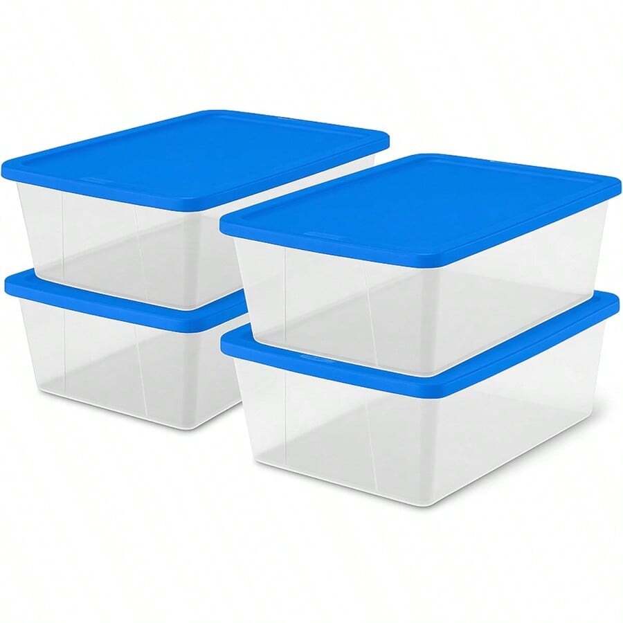 HOMZ Snaplock Clear Plastic Bin 12 Quart 3 Gallon Storage Tote With Secure Lid For Home Office Garage Dorm Room Organizer Stackable And Nestable Blue Lid Pack Of 4