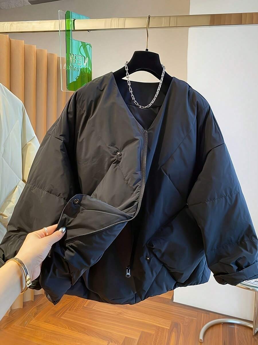 欧式简约设计宽松A字V领女士棉衣，新款冬季棉衣