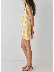 Women 2025 Summer Sleeveless Floral Short Shift Cotton Linen Loose Dress, Style - Màu vàng - Xem 5