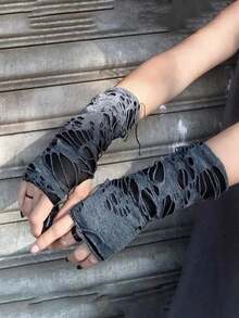 1pair Women Ripped Punk Fingerless Gloves For Daily Life Halloween Costume Halloween - 彩色 - 查看 2
