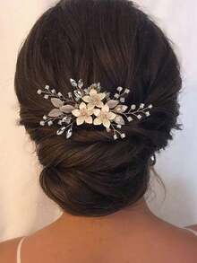 1pc Women Elegant Handmade Metal Leaf & Clay Flower With Faux Pearl Hair Comb, Bridal Hair Accessories For Wedding, Party - Vàng 2 - Xem 5