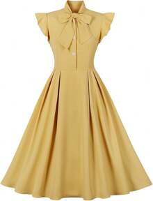 Women Vintage Cocktail Swing Dress, Midi Evening Dress, Rockabilly 50s 60s 1950shalloween - 黃帽 - 查看 9