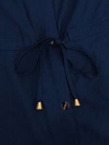 Women's Elegant Solid Color Front Button Waist Tie Knot Cinched Waist Flattering Lapel Fashion Button Ruffle Hem Long Sleeve Dress, Suitable For Spring, Summer, Autumn, Winter - Blue - View 7